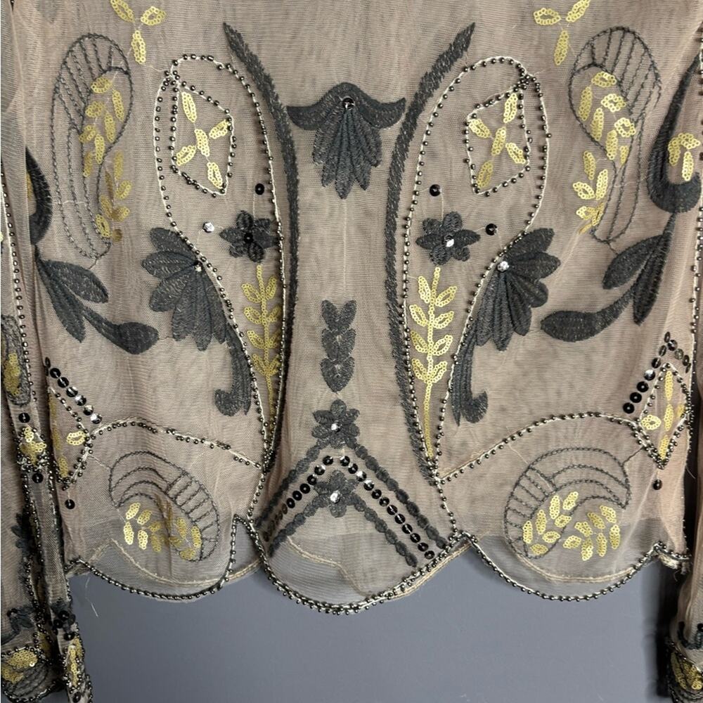 Endless Rose Tan and Gray Sheer Mesh Long Sleeve Top Beading & Embroidered Sz S - Picture 2 of 6